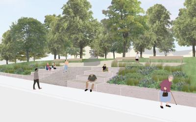 Kuvassa havainnepiirros Rauhanpuiston rinteestä kunnostuksen jälkeen