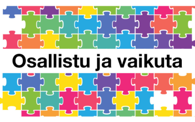 Kuvassa värikästä palapelikuviota taustalla ja edessä valkoisella pohjalla teksti: "Osallistu ja vaikuta".