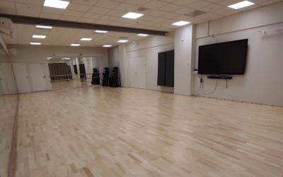 salissa parkettilattia, taustalla tv ja pumppitarvikkeet