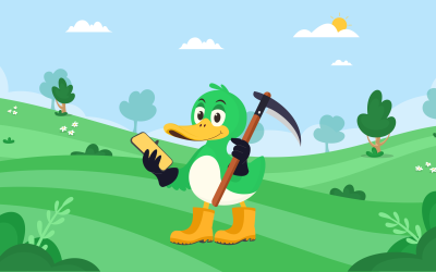 Crowdsorsa vieraslajitoruntamaskotti, piiroskuva sorsasta jolla on viikate vieraskasvilajien torjuntaan.