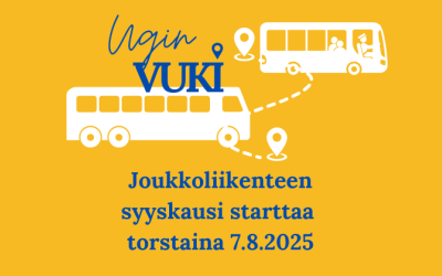 Uudenkaupungin joukkoliikenteen syyskausi starttaa 7.8.2025. Kuvassa on tämä teksti sekä linja-auton sekä pienemmän bussin kuva.