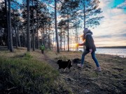 Tyttö taluttaa koiraa Kaunisrannassa. Oikella puolella meri. Edessä männikköä. Etäämmällä polulla kävelee mies.