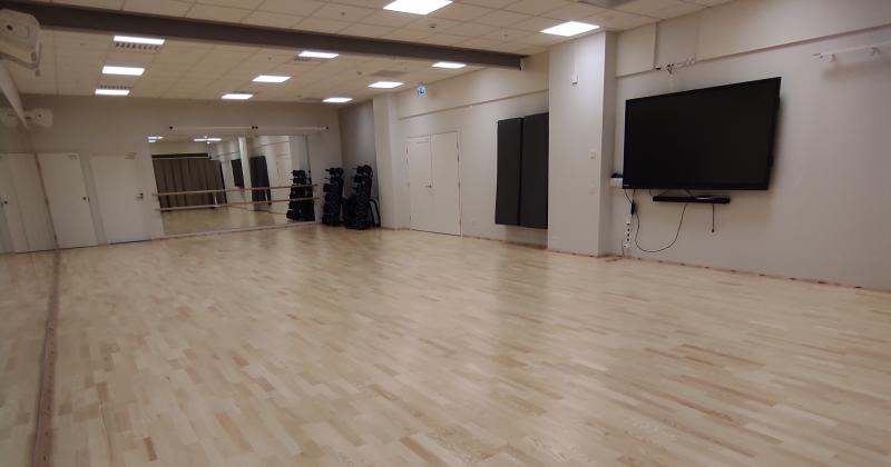 salissa parkettilattia, taustalla tv ja pumppitarvikkeet