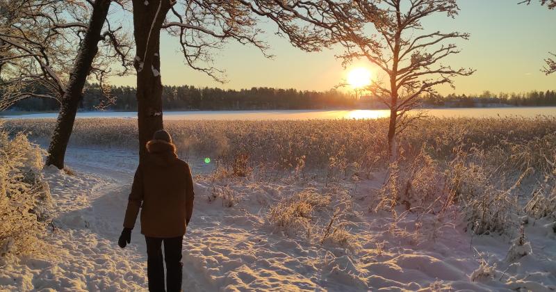 talvimaisemassa henkilö kävelee auringonlaskussa