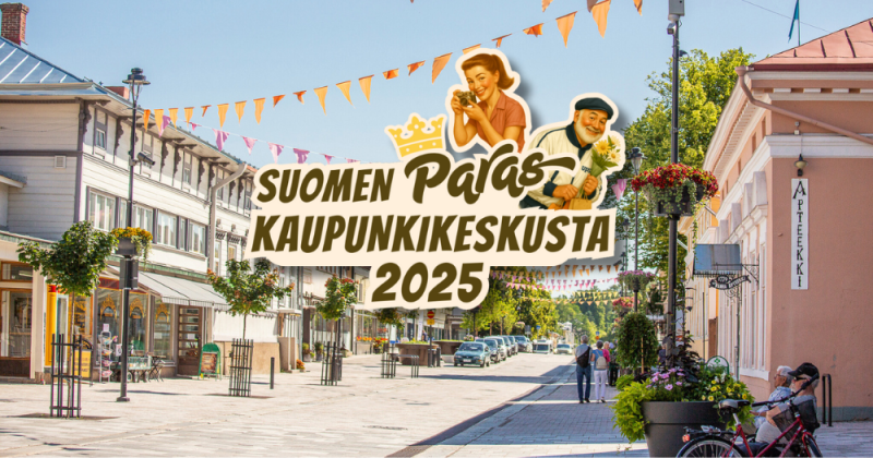Kuvassa suomen paras kaupunkikeskusta logo sekä näkymä Alisenkadun rakennuksista ja juhlaviireistä
