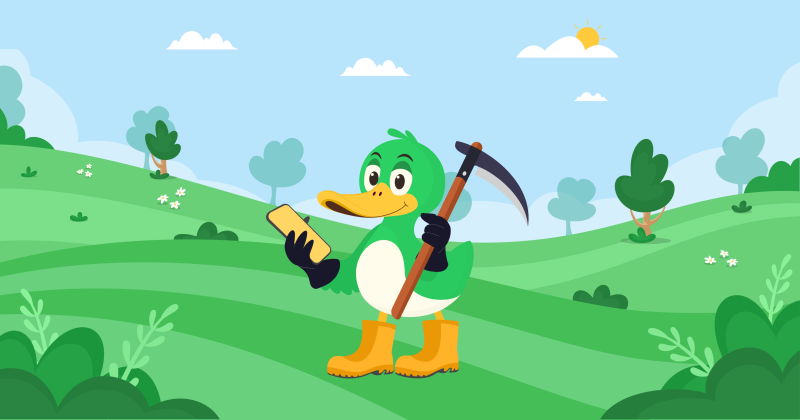 Crowdsorsa vieraslajitoruntamaskotti, piiroskuva sorsasta jolla on viikate vieraskasvilajien torjuntaan.