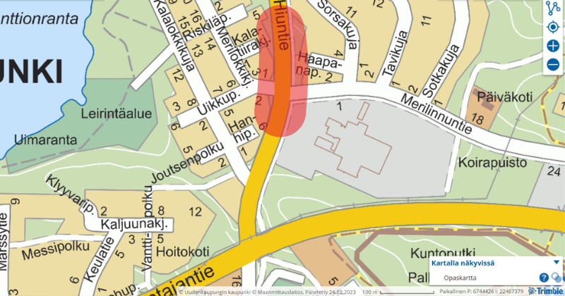 Kartalle on merkitty kunnostusalue Hiuntiellä