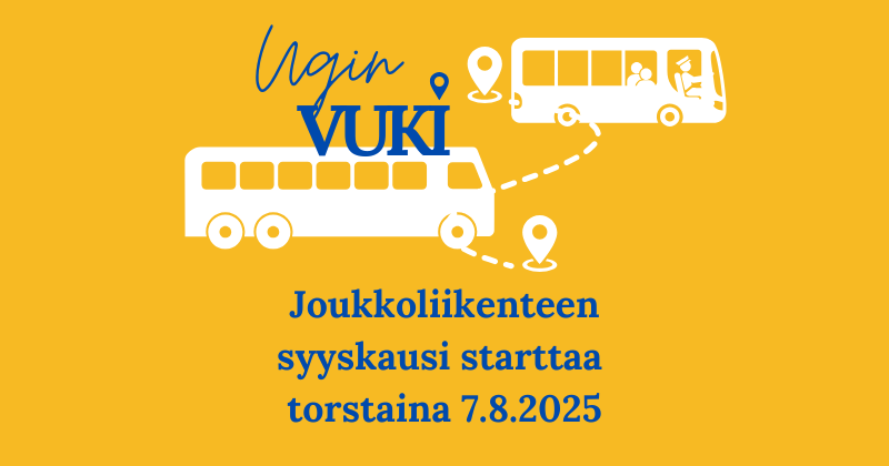 Uudenkaupungin joukkoliikenteen syyskausi starttaa 7.8.2025. Kuvassa on tämä teksti sekä linja-auton sekä pienemmän bussin kuva.