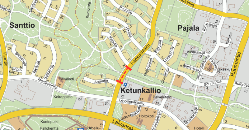 Karttakuva Kankurinkadun katkoalueesta välillä Ahmatie-Kettutie.