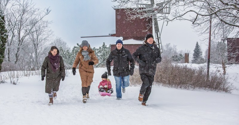 neljä aikuista ja lapsi talvimaisemissa tautalla tuulimylly