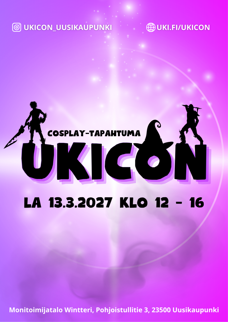 Liilansävyinen juliste, jossa lukee Ukicon. Tekstin päällä seisoo kaksi cosplayhahmoa. O:n päässä on noidanhattu.